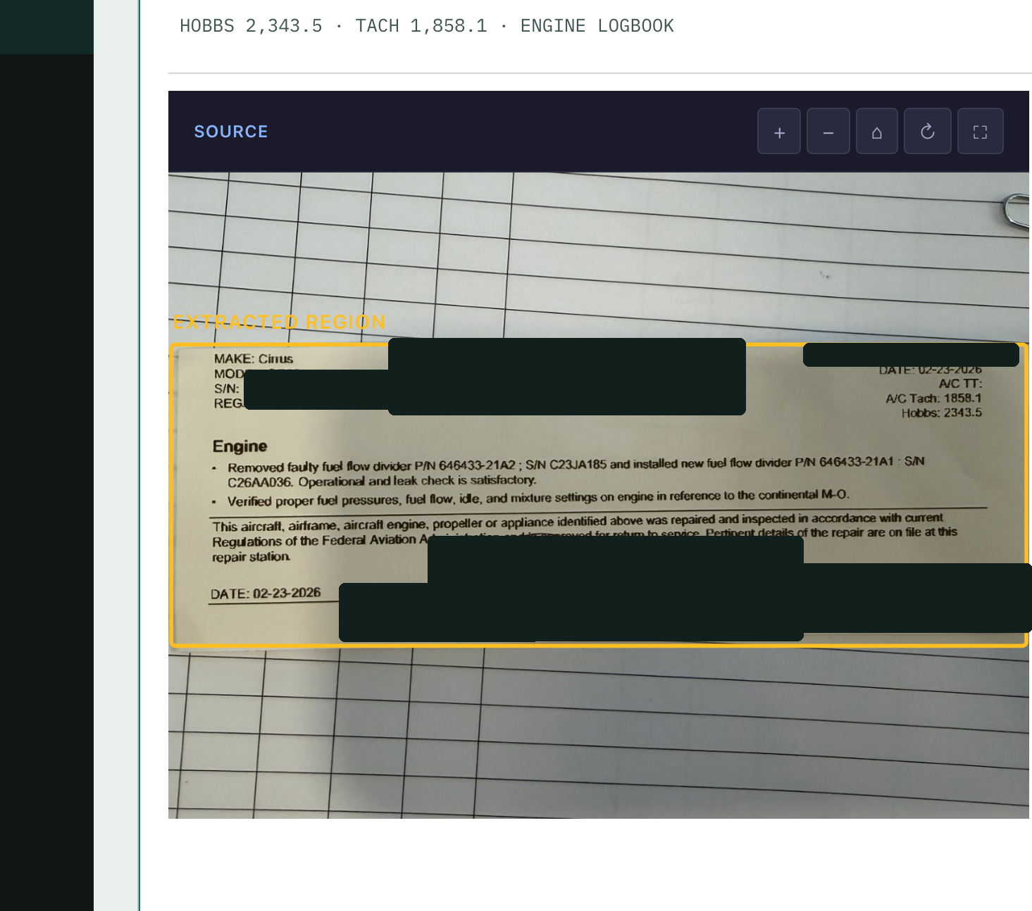 A scanned paper work order open in Logbook's source viewer, redacted, showing handwritten and typed maintenance entries with part numbers.