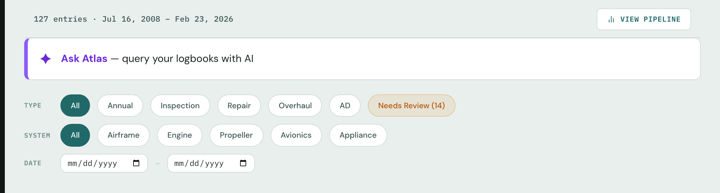 The whole logbook read and organized: 127 entries from 2008 to 2026, filterable by type, system, and date, with a 'Needs Review' filter for entries still being reviewed.