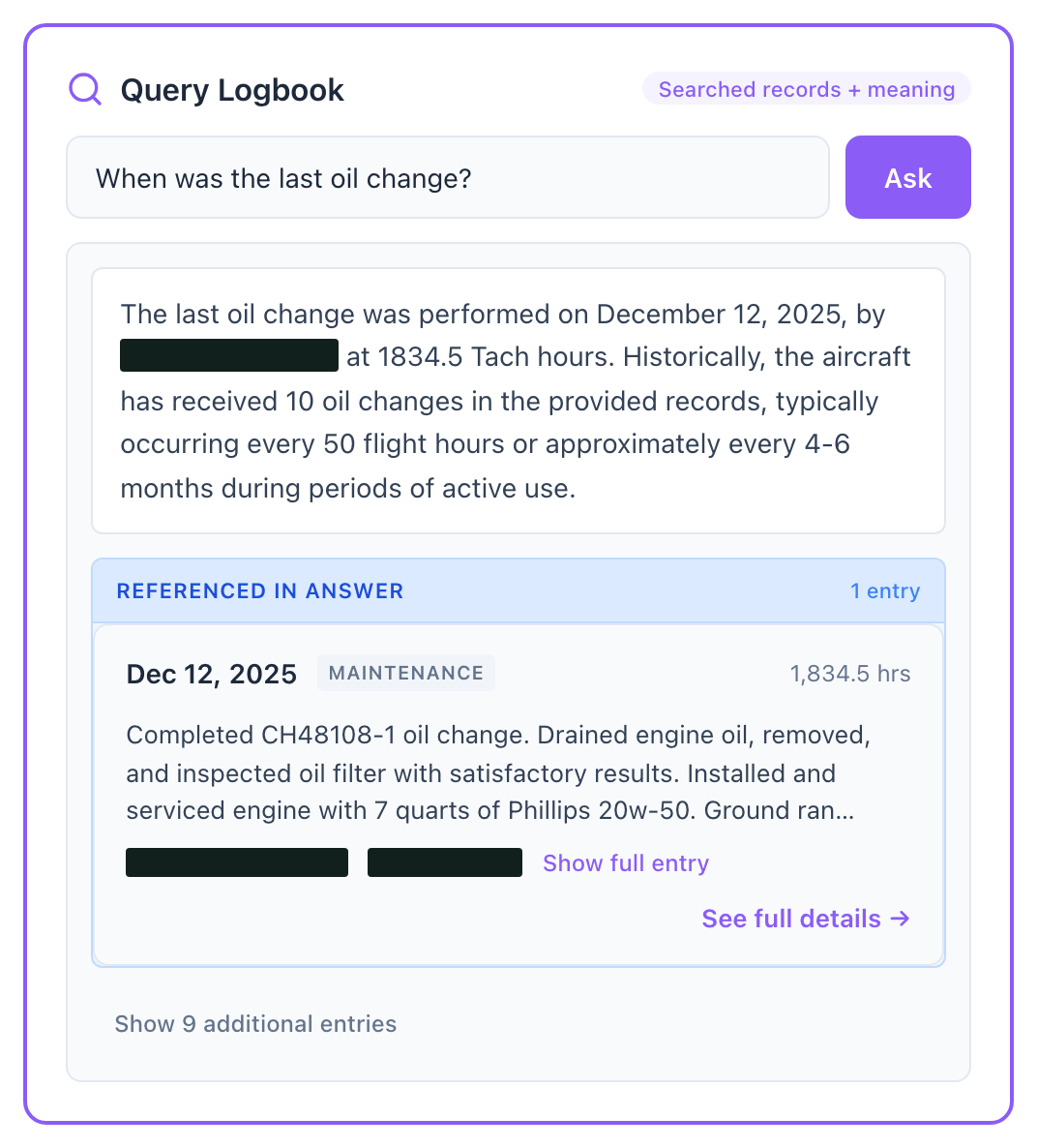Ask Atlas in Cloudline Logbook: the plain-English question 'When was the last oil change?' answered in seconds, with the exact source maintenance entry it came from cited right below the answer.