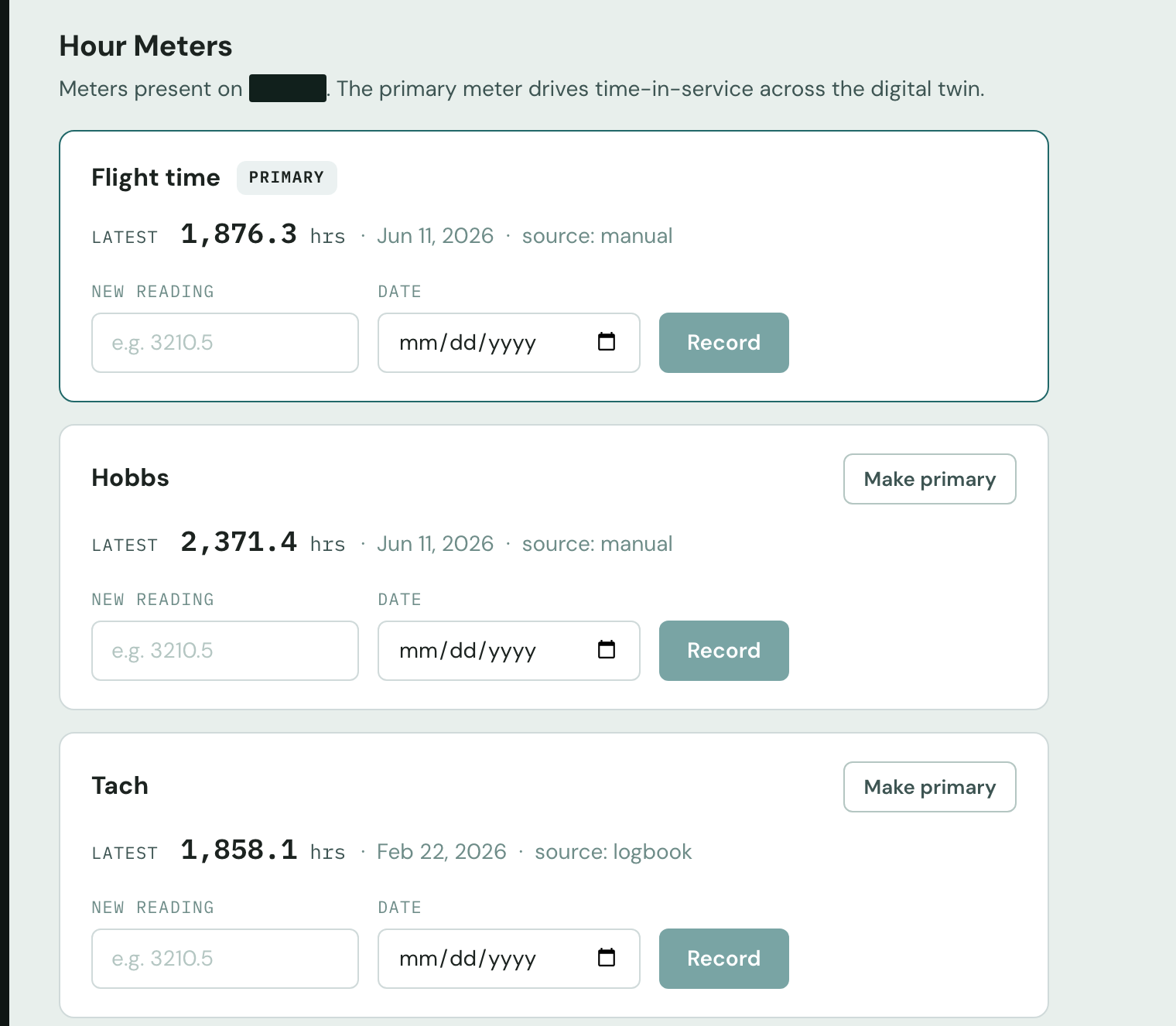 Hour meters for Flight time, Hobbs, and Tach, each showing its latest reading and whether the source was the logbook or a manual entry.