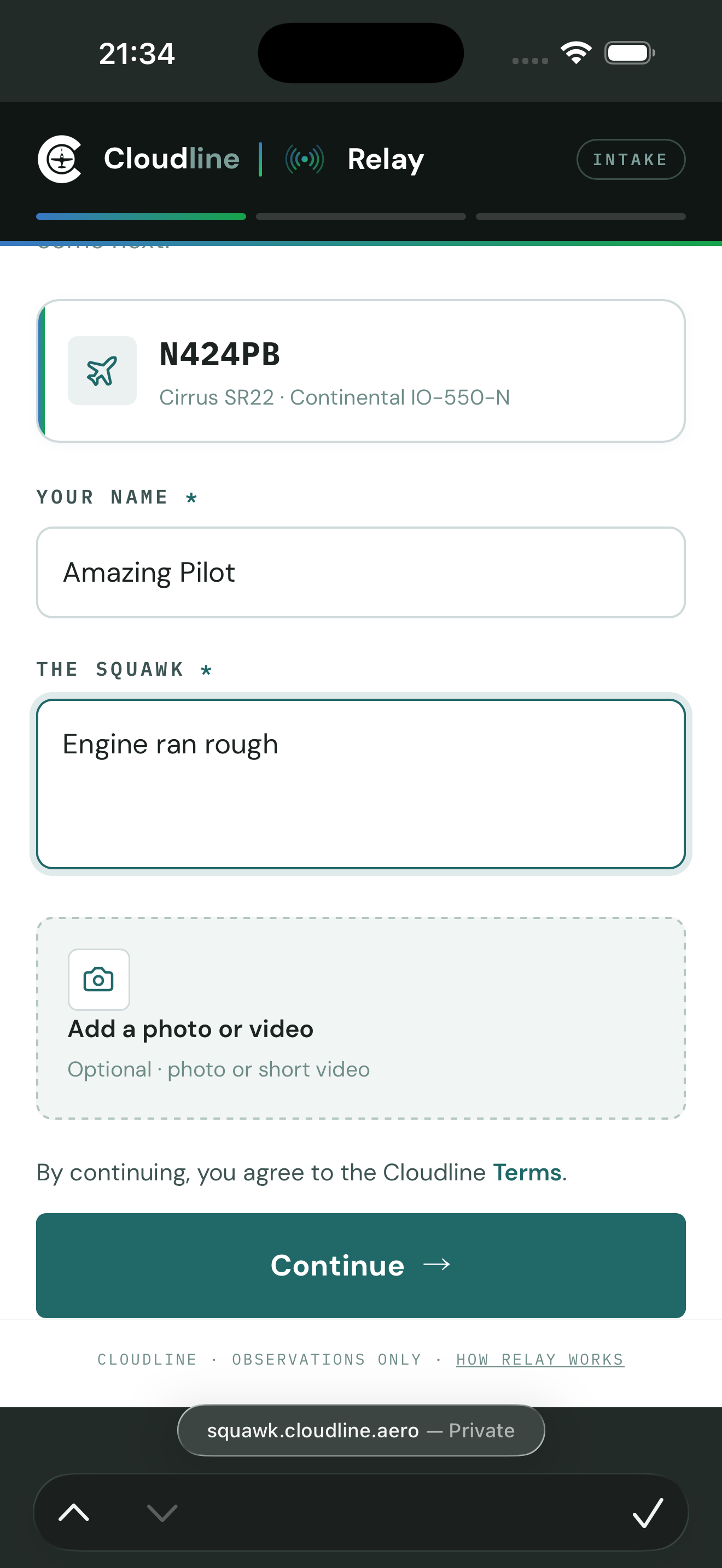 iPhone squawk form for N424PB with the pilot's name, a plain-language 'Engine ran rough' description, and an option to add a photo.