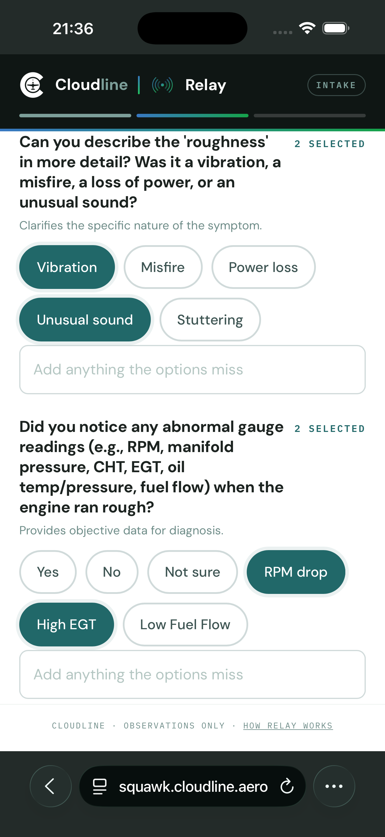 iPhone Atlas follow-up questions about the roughness and gauge readings, with symptom answers selected.