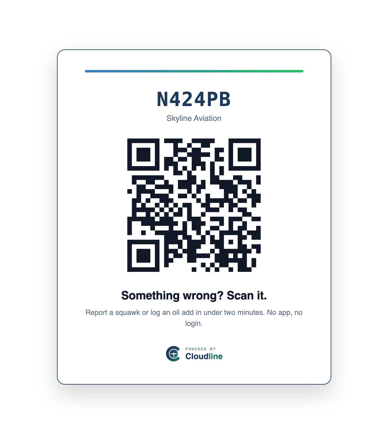 Printable QR placard for N424PB reading 'Something wrong? Scan it.'