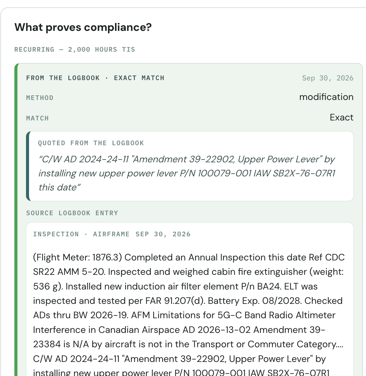 The 'What proves compliance?' card for AD 2024-24-11 on a real aircraft: recurring every 2,000 hours time in service, an exact logbook match dated Sep 30, 2026, method modification, the compliance line quoted from the logbook, and the full source entry beneath it.