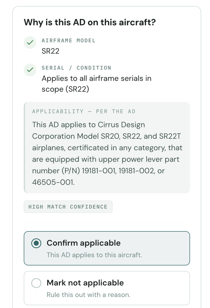 The 'Why is this AD on this aircraft?' card for AD 2024-24-11 on an SR22: airframe model and serial checks, the AD's own applicability text, a high match confidence label, and the mechanic's two choices, Confirm applicable or Mark not applicable.