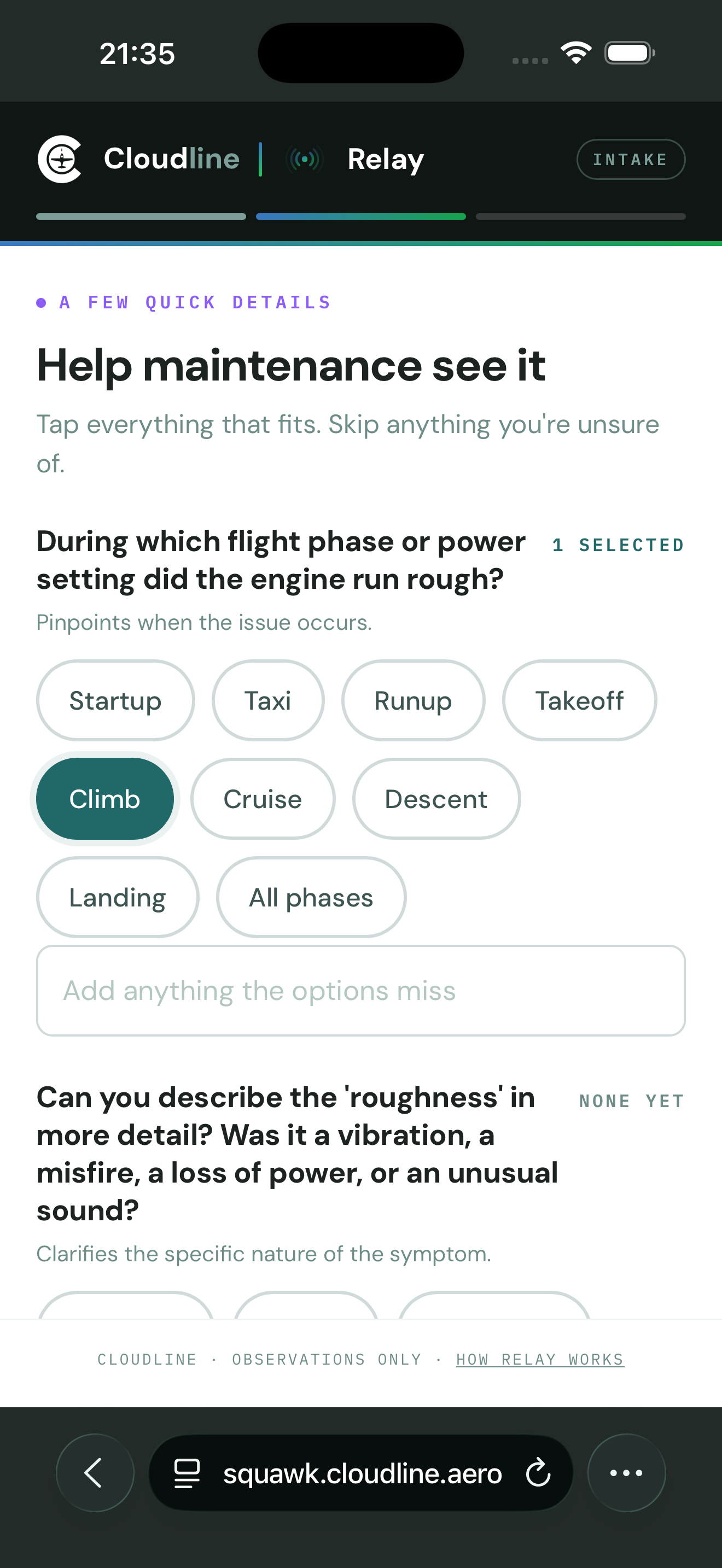 iPhone showing Atlas's follow-up questions ('Help maintenance see it') with flight-phase options for the N424PB squawk.