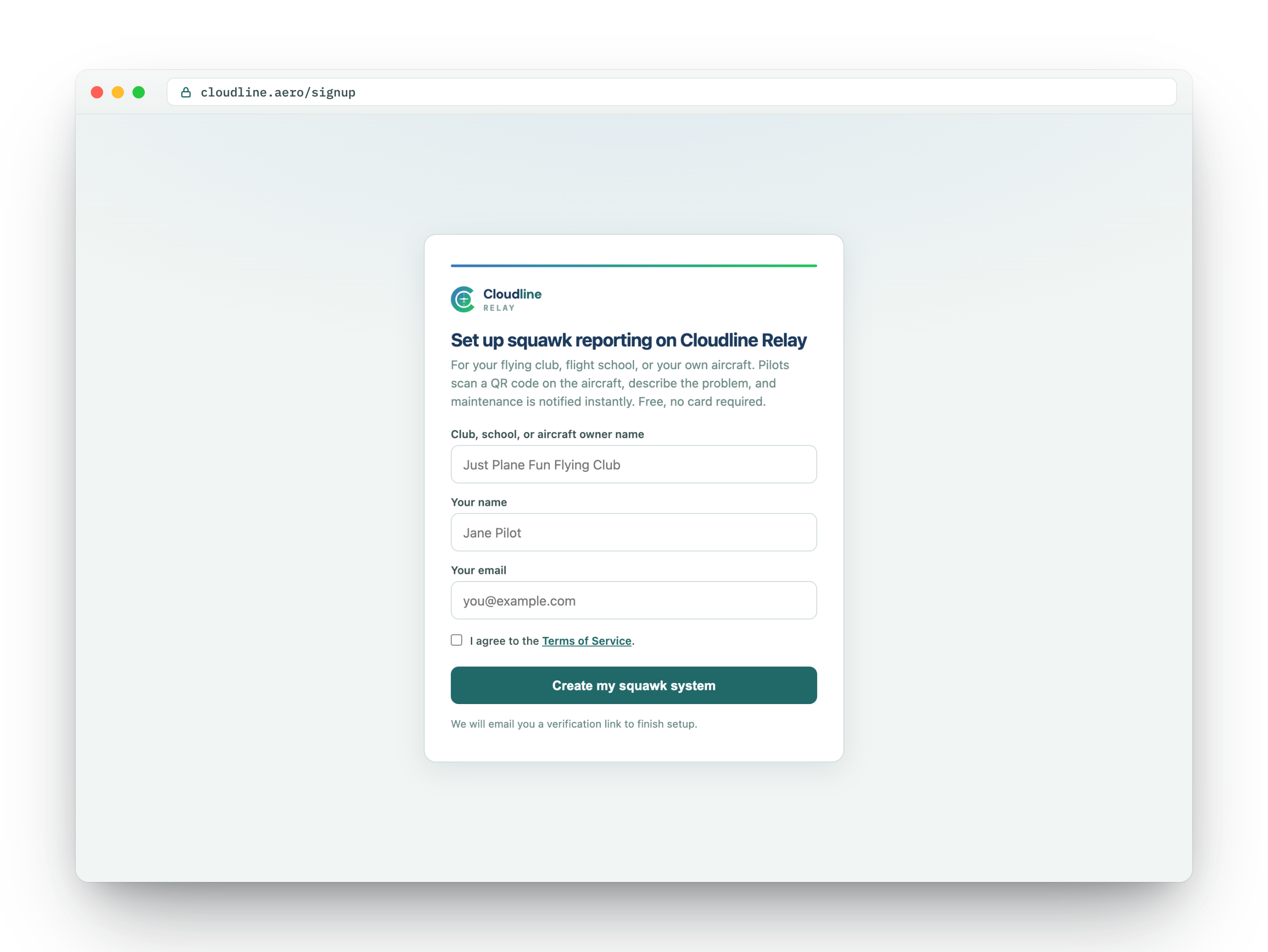 Browser signup form: Set up squawk reporting on Cloudline Relay, free with no card required.