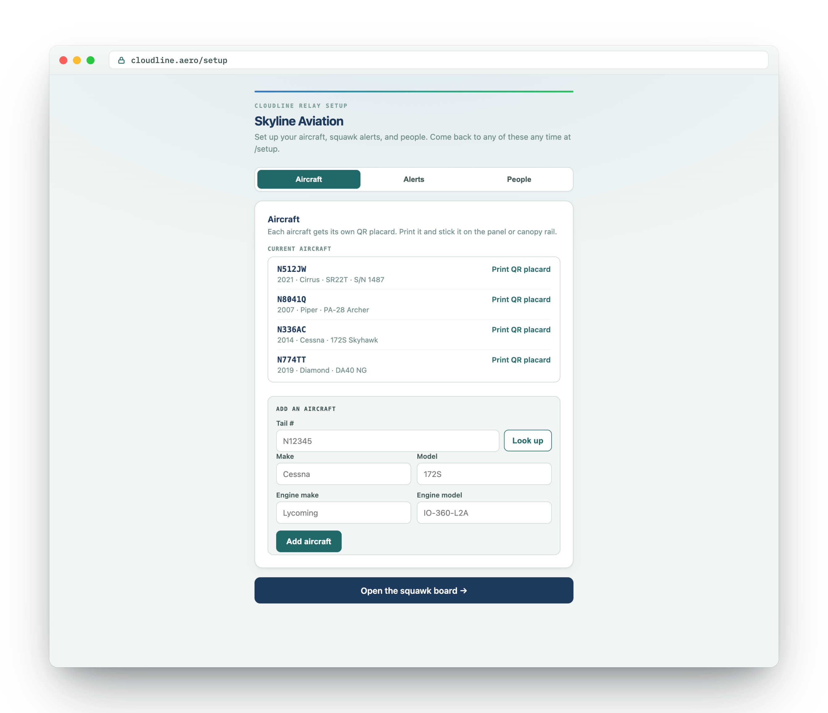 Browser setup wizard listing fleet aircraft with Print QR placard links and an add-aircraft form with FAA lookup.