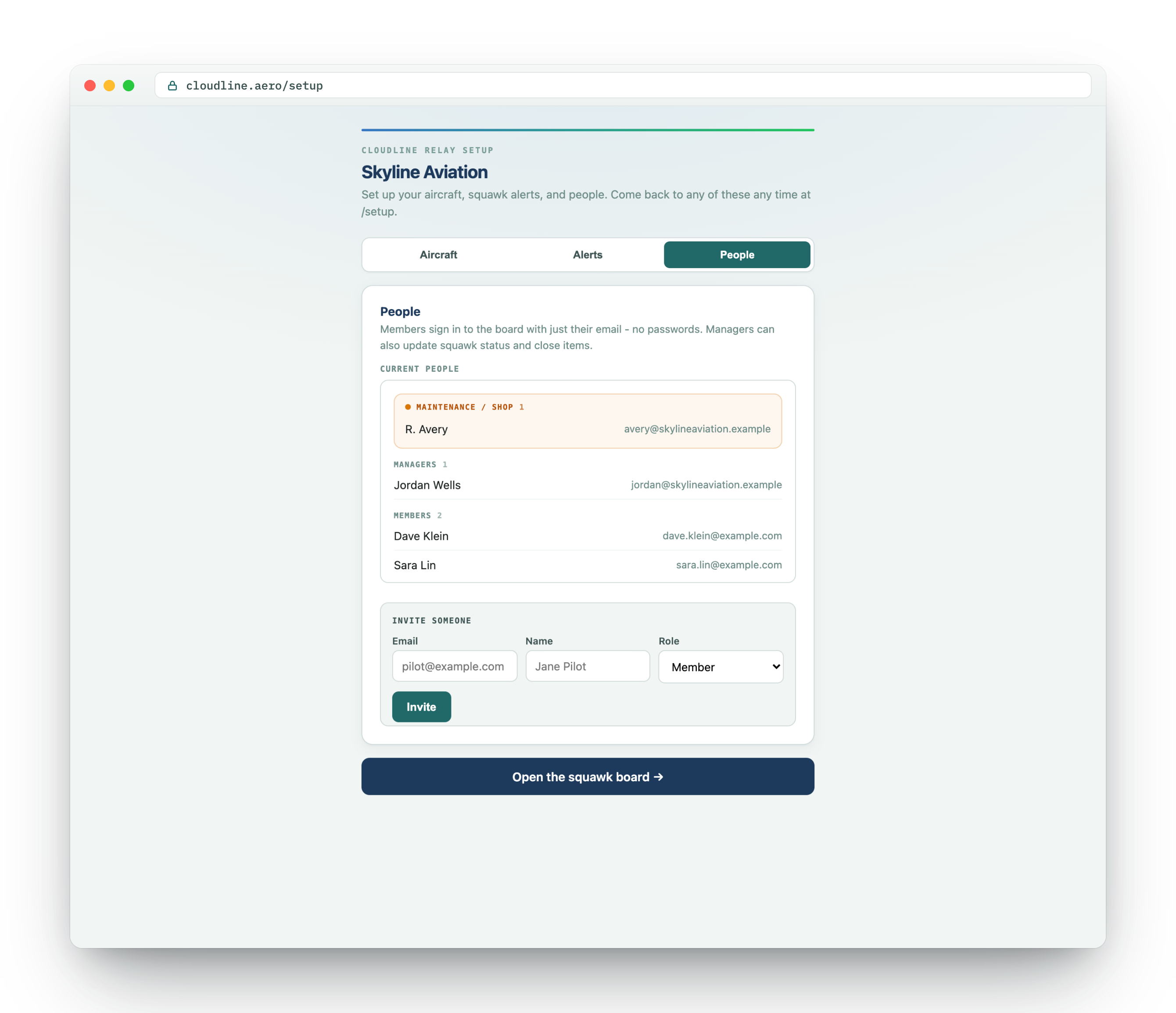 Browser People setup tab showing member, shop, and manager roles with an invite form and passwordless sign-in.